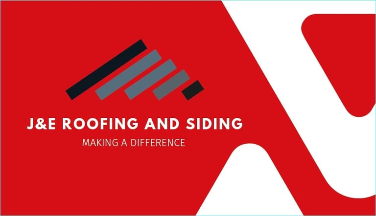 J&E Roofing and Siding logo with roofing shingles icon and tagline Making A Difference on red background